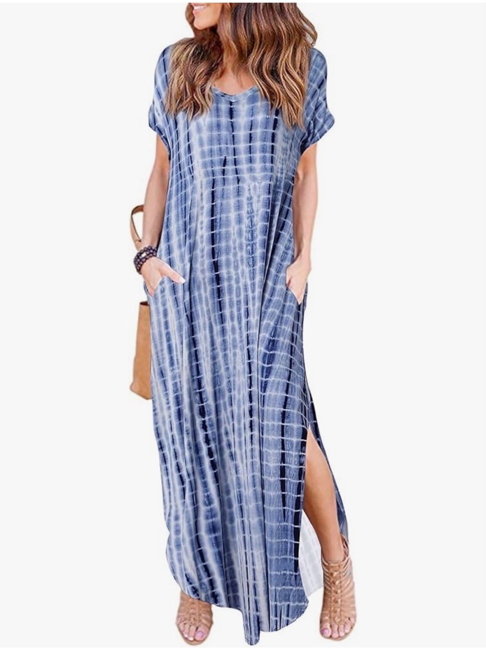 Blue Tie-Dye Maxi Dress with Side Slits and Pockets